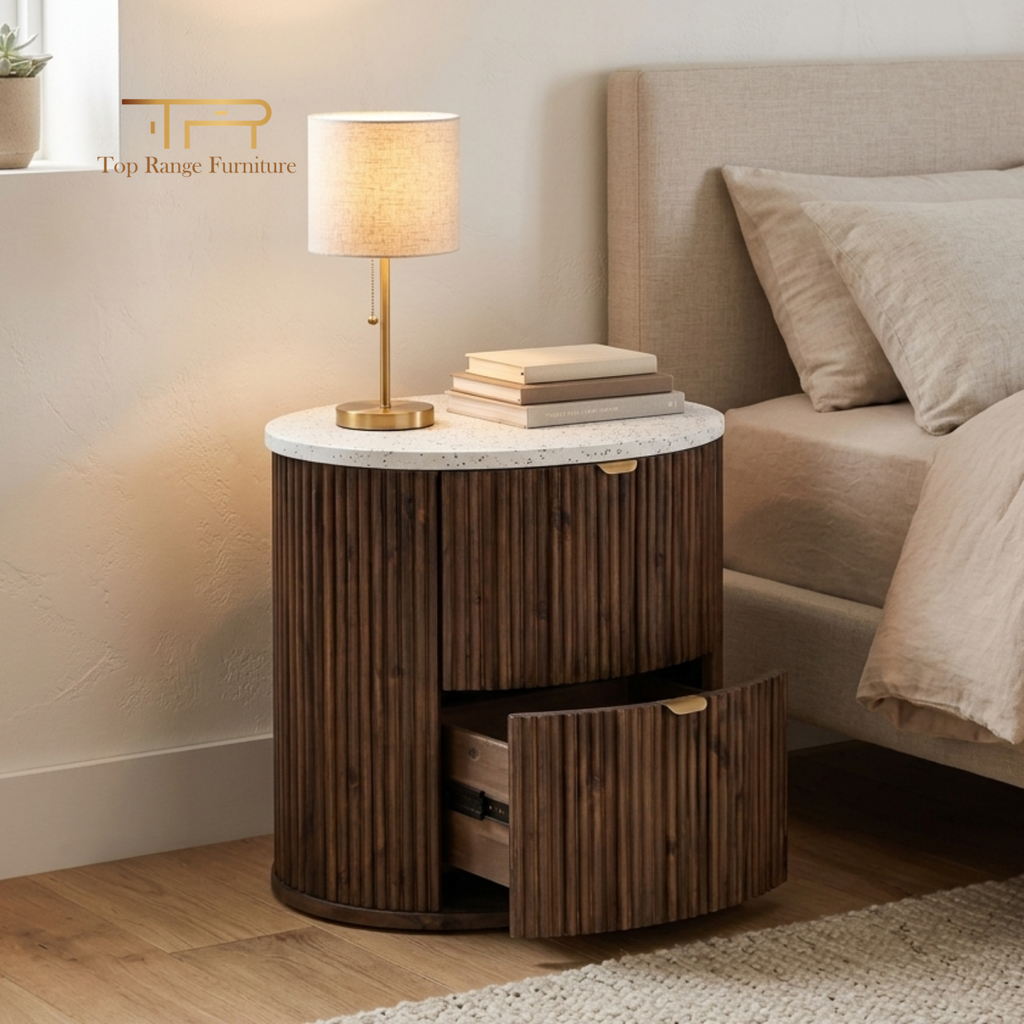Solid Acacia 2 Drawers Terrazzo Bedside Table with Oval Shaped - Razzo