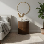 Wooden nightstand with decorative items in a bedroom setting