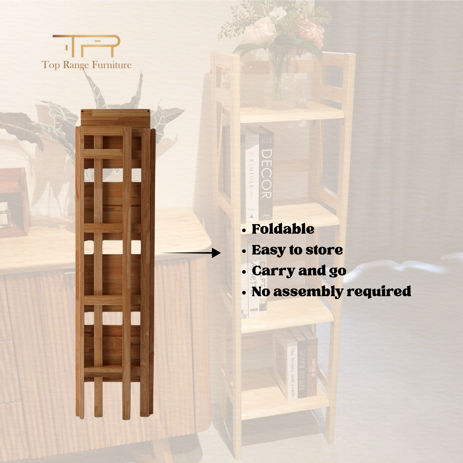 100% Solid Rubber Wood 4 Tier Foldable Bookcase Multi Purpose Shelf
