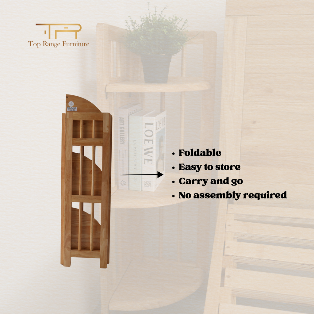 100% Solid Rubber Wood 3 Tier Foldable Corner Bookcase Multi Purpose Shelf