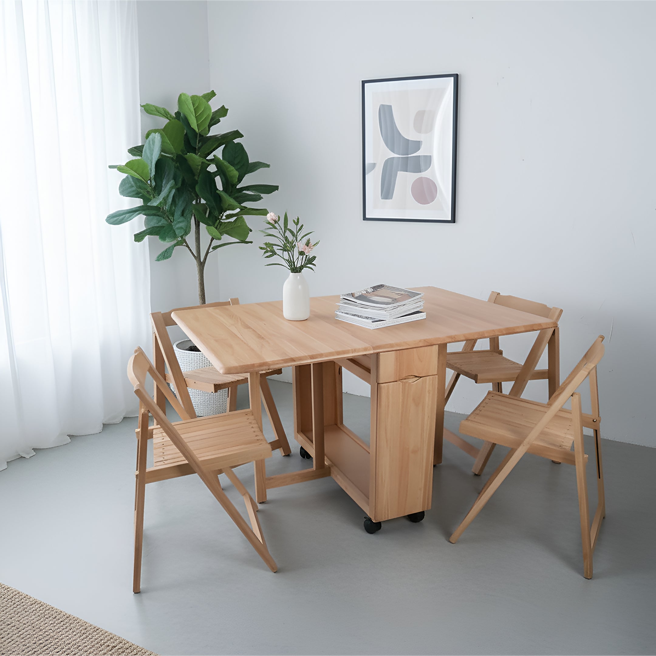 Solid Rubber Wood Foldable Dining Table Set with 4 Chairs – Top
