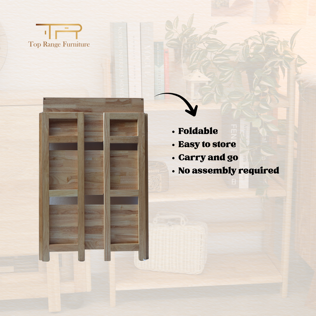 100% Solid Rubber Wood 3 Tier Foldable Wide Bookcase Multi Purpose Shelf