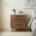 Wooden nightstand with a plant and books in a bedroom setting, featuring Top Range Furniture logo.