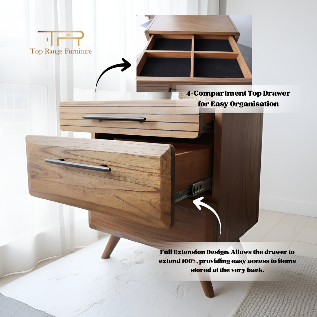 Wooden dresser with open drawers, highlighting a 4-compartment top drawer and full extension design.