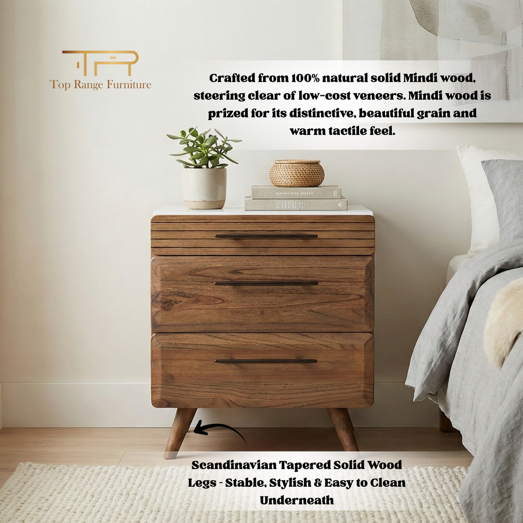 Wooden nightstand with plant and books in a bedroom setting, featuring Top Range Furniture branding.