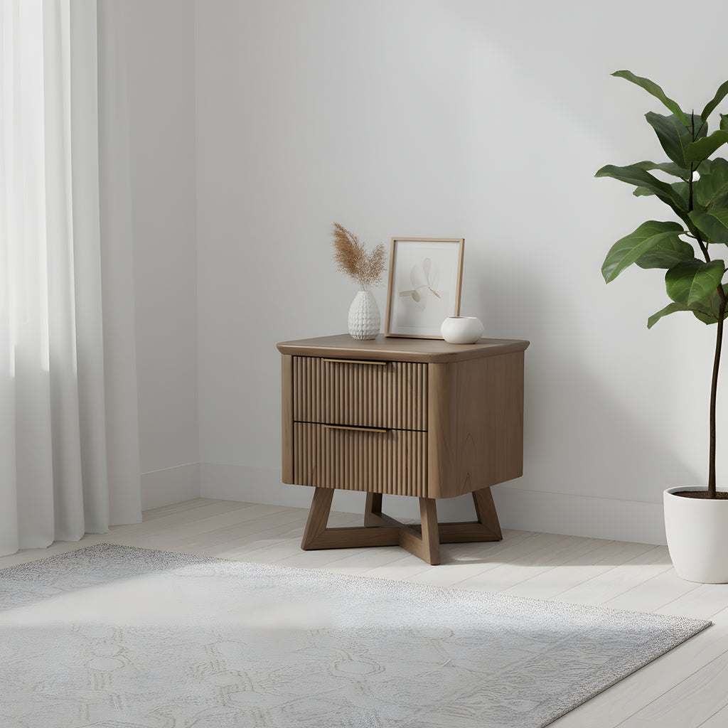 Wooden nightstand with decorative items in a minimalistic room 