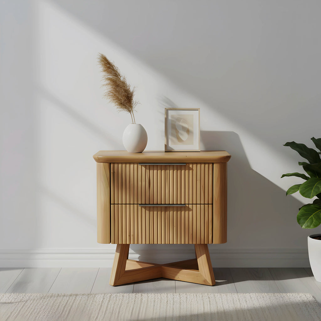 Wooden nightstand with decorative items in a minimalistic room