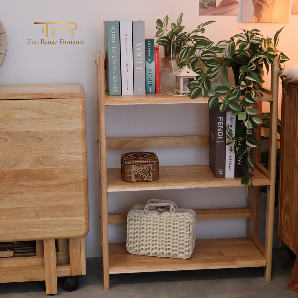100% Solid Rubber Wood 3 Tier Foldable Wide Bookcase Multi Purpose Shelf