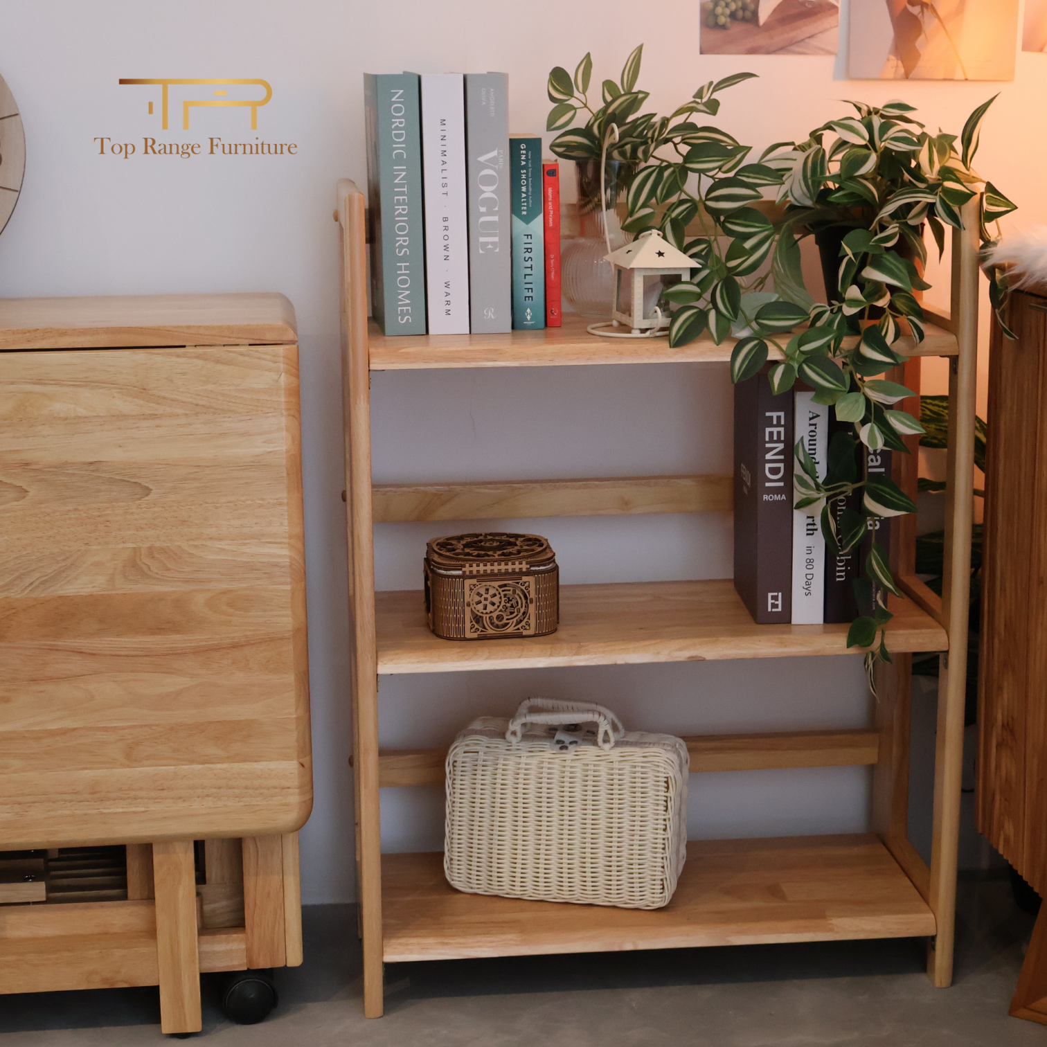 100% Solid Rubber Wood 3 Tier Foldable Wide Bookcase Multi Purpose Shelf