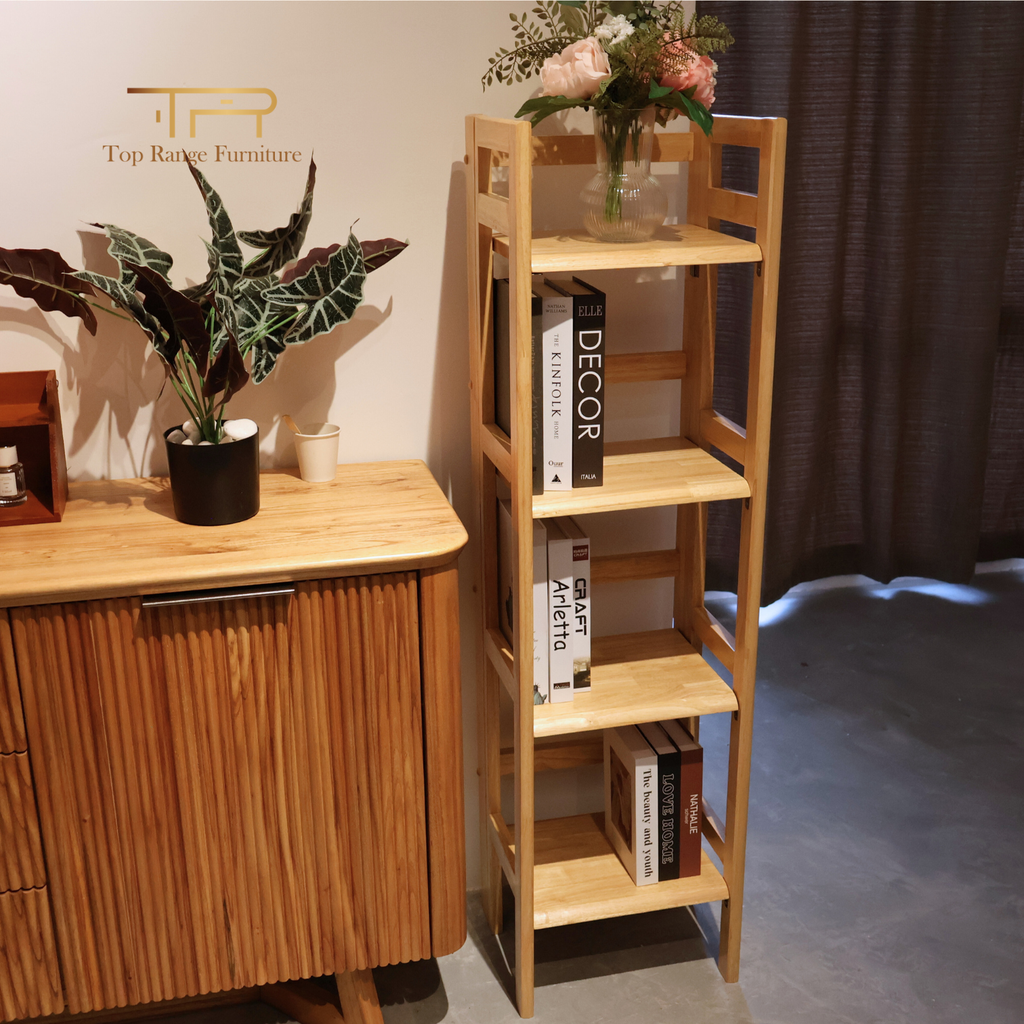 100% Solid Rubber Wood 4 Tier Foldable Bookcase Multi Purpose Shelf