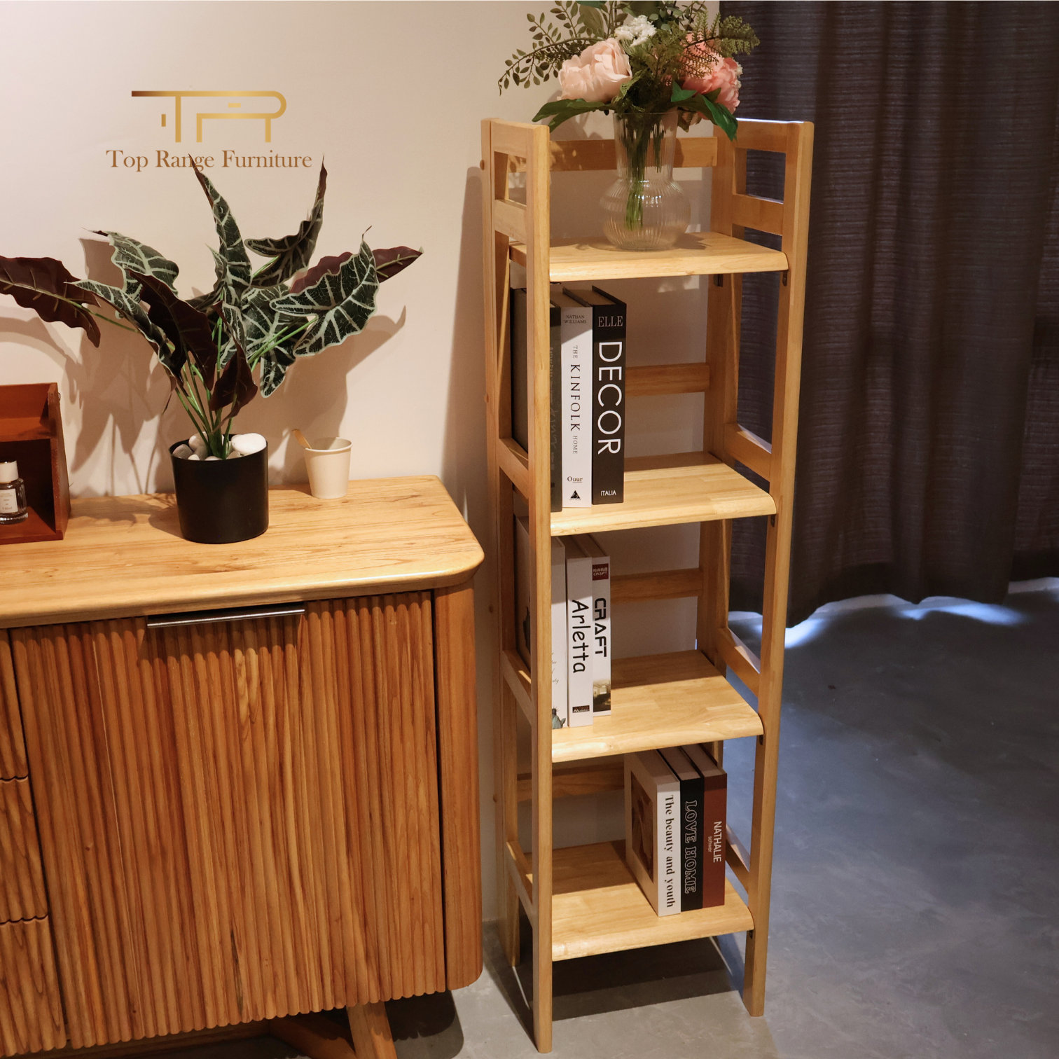 100% Solid Rubber Wood 4 Tier Foldable Bookcase Multi Purpose Shelf