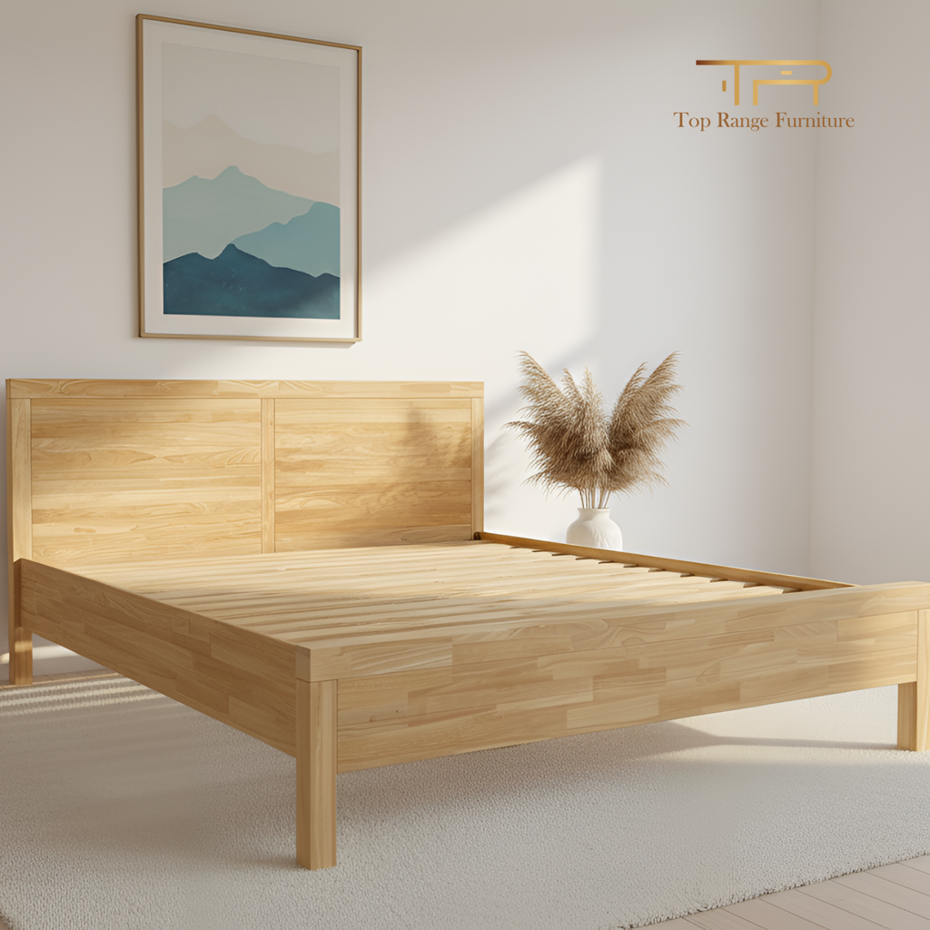 Solid Rubber Wood Natural Colour Queen Bed Frame Minimalist and Scandinavian Style | Montra