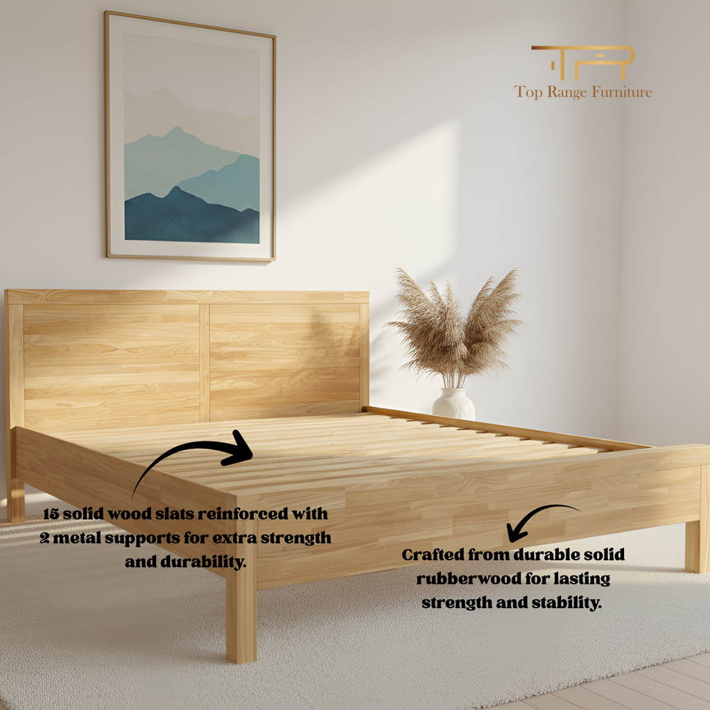 Solid Rubber Wood Natural Colour Queen Bed Frame Minimalist and Scandinavian Style | Montra