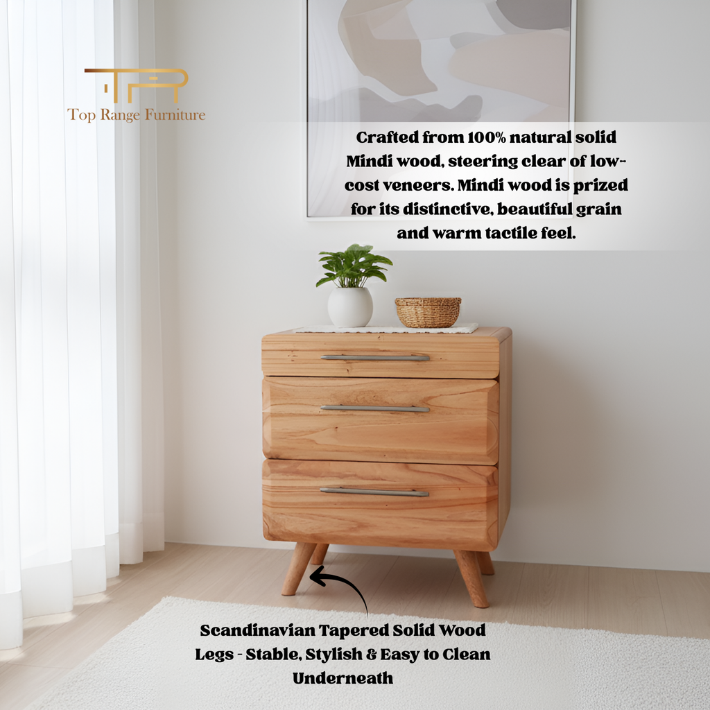 Wooden dresser with 'Top Range Furniture' branding in a minimalistic room.