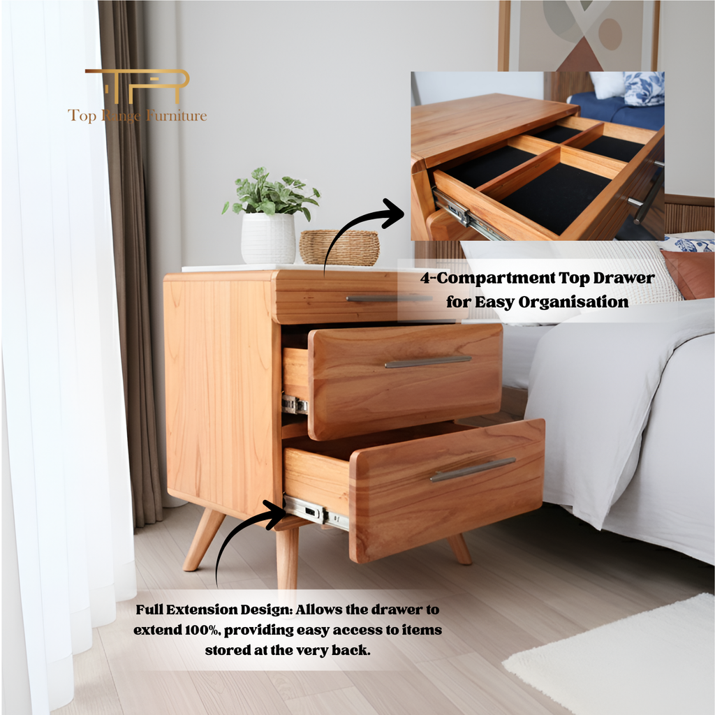 Wooden dresser with open drawers in a bedroom setting, featuring Top Rank Furniture branding.