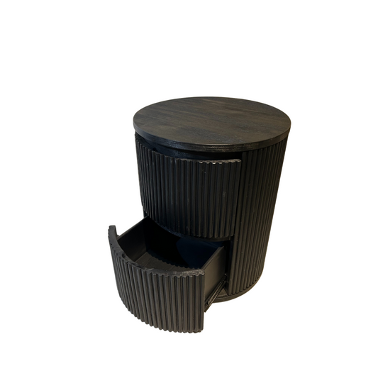 Kea bedside table in charcoal black – front view with drawers open