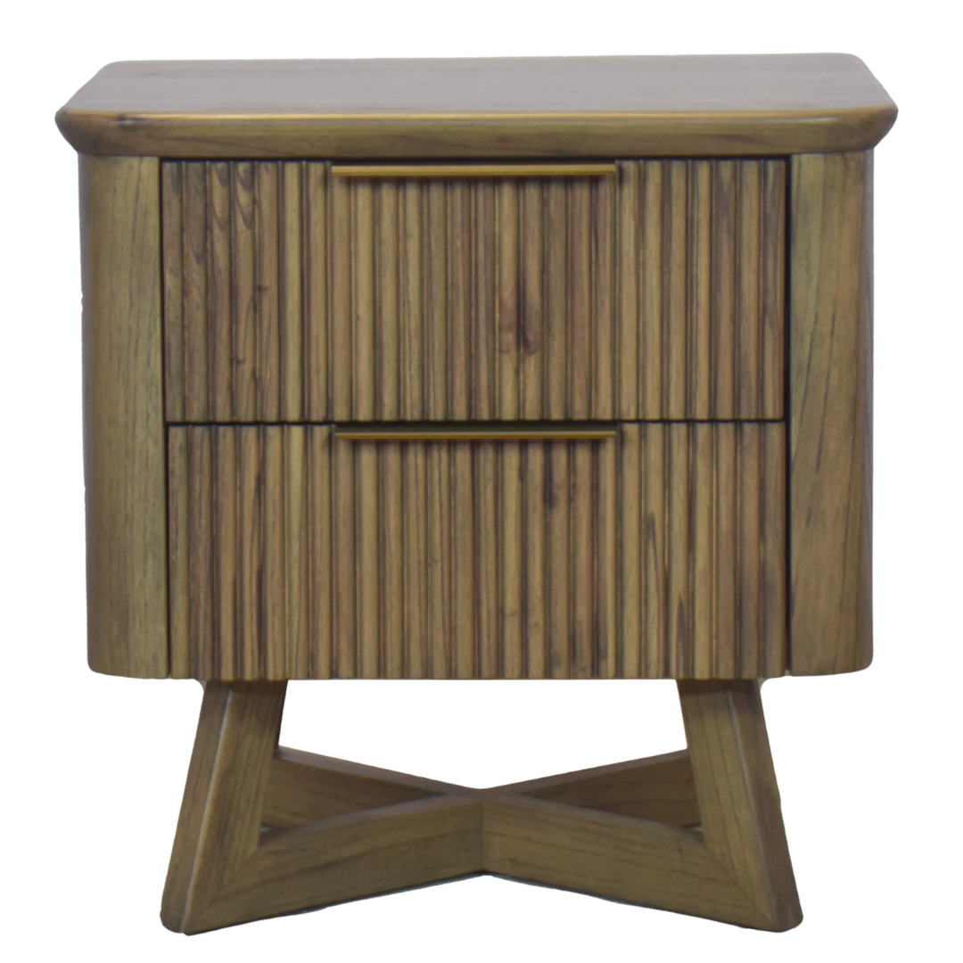 Front view of Kea bedside table in darker Motala color with brass-tone handles