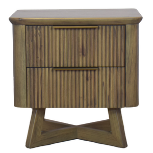 Front view of Kea bedside table in darker Motala color with brass-tone handles