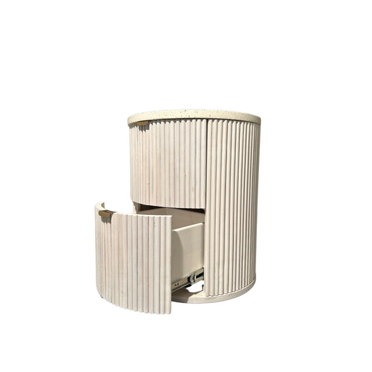 Front view of Kea bedside table with terrazzo top in whitewash finish and drawers opened