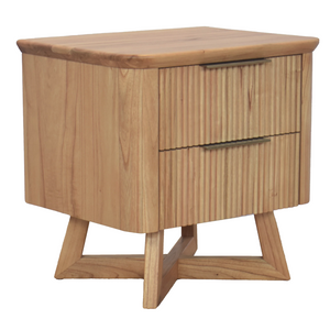 Angled side view of Kea bedside table with ribbed wood design and rounded corners