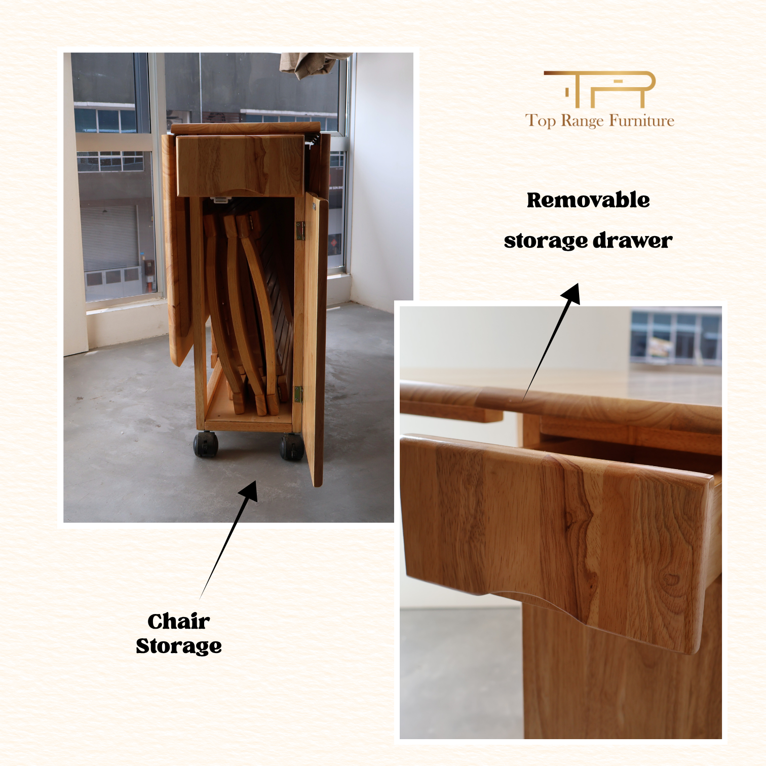 Solid Rubber Wood Foldable Table Dining Set with 4 Chairs - Space-Saving Dining Set