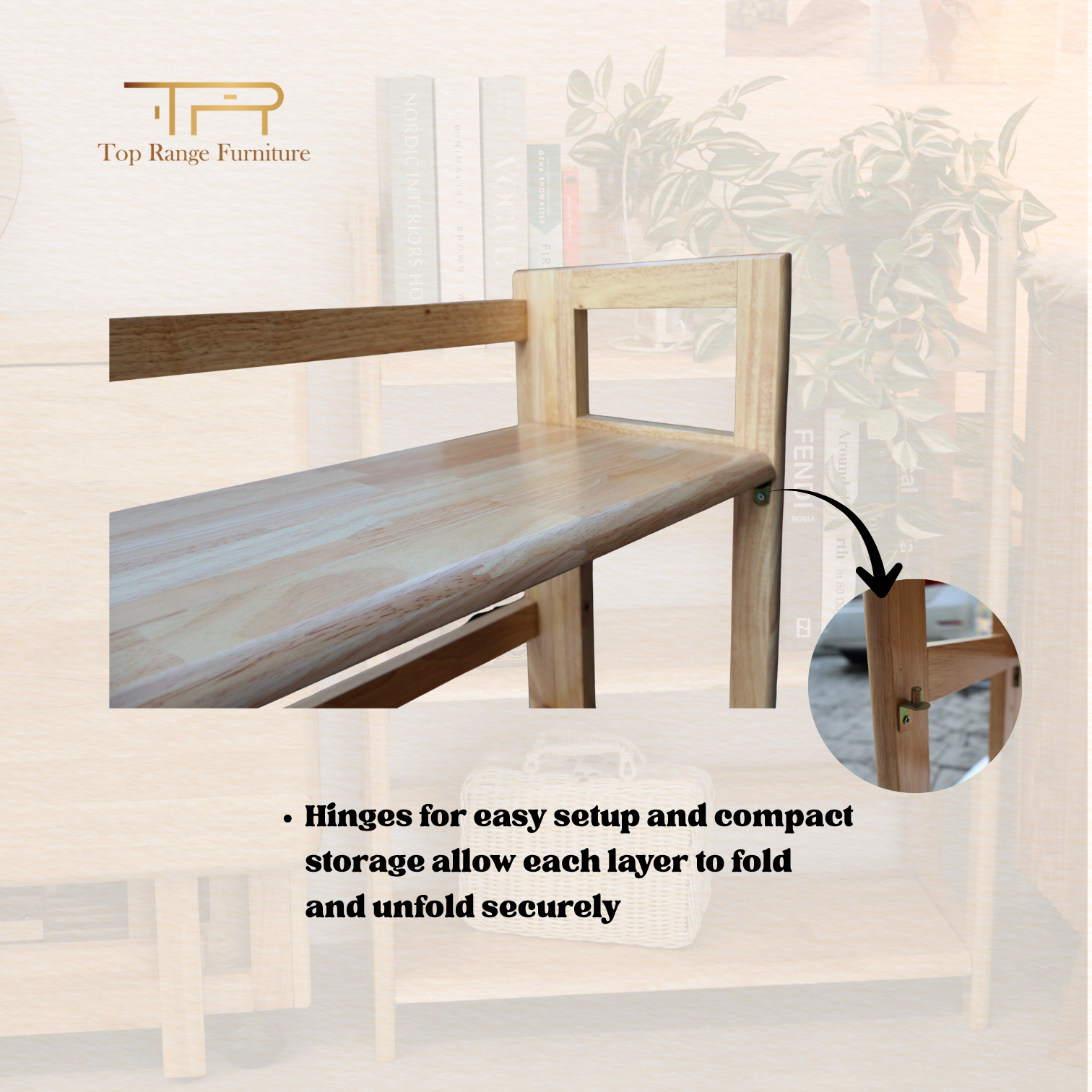 100% Solid Rubber Wood 3 Tier Foldable Wide Bookcase Multi Purpose Shelf