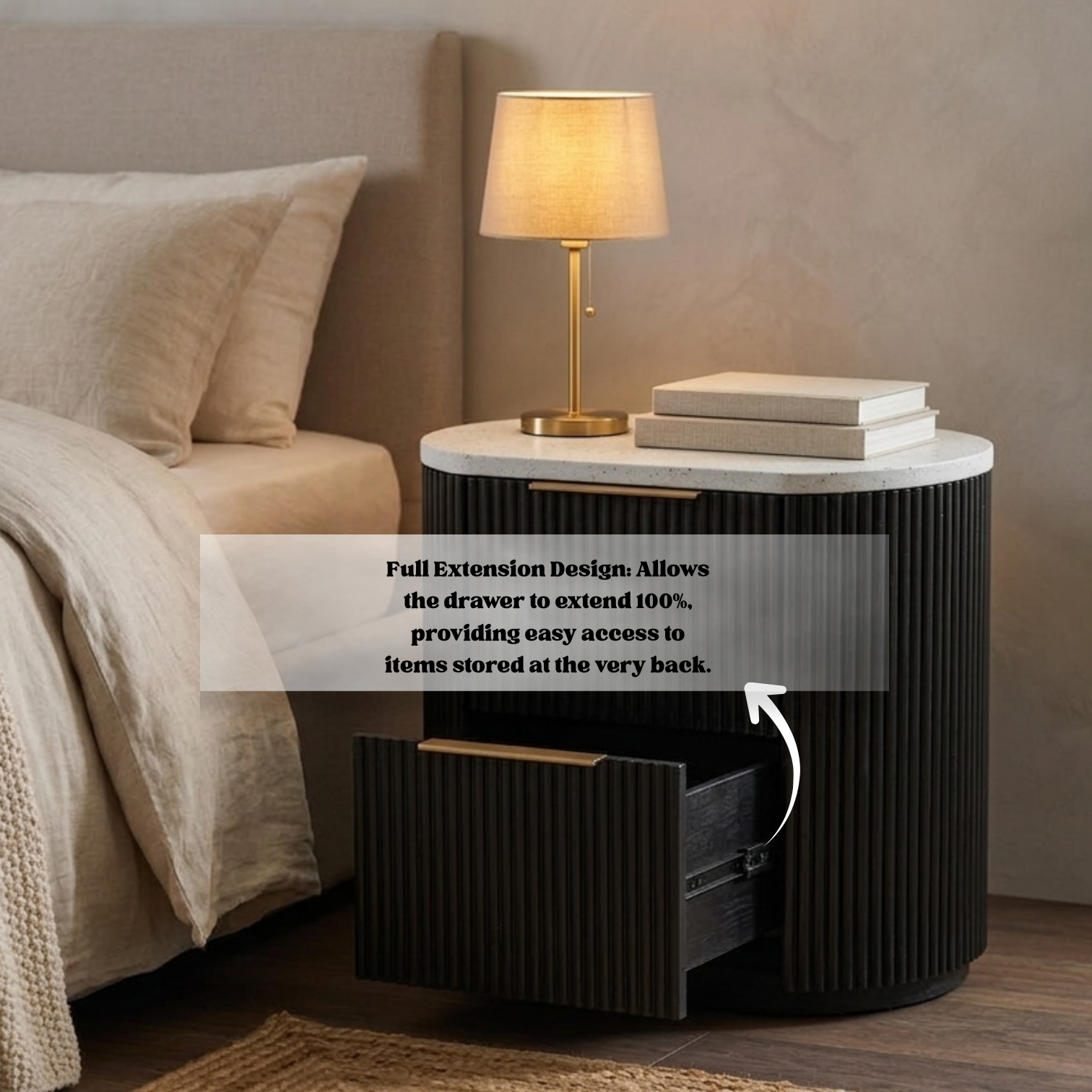 Solid Acacia 2 Drawers Terrazzo Bedside Table with Pill Shaped - Aura