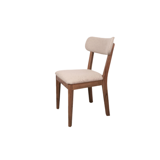 Angled view of Kea chair with padded seat and backrest, crafted from solid wood with ergonomic curved lines – ideal for dining or study use