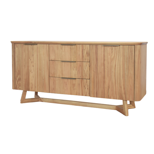 Angled side view of Kea buffet cabinet showing ribbed paneling, solid mindy wood top, and sturdy X-frame base – perfect for organizing tableware and living room items