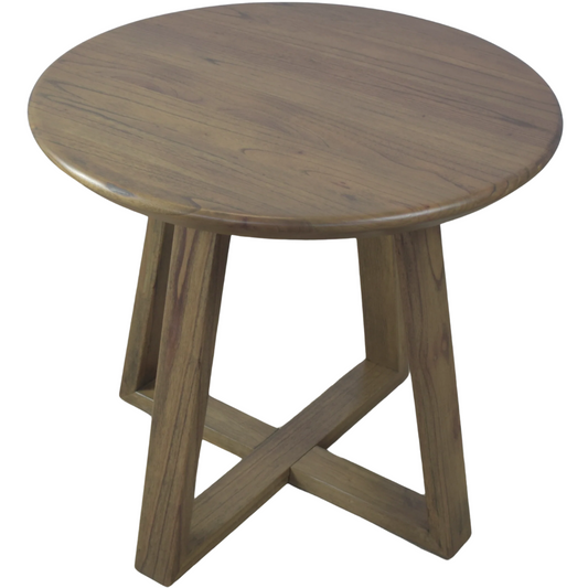 Dark tone solid wood lamp table with X-shaped base – front angle on black background