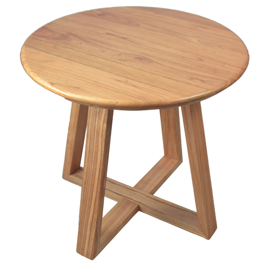 Light oak solid wood lamp table with X-shaped legs – front angle on black background
