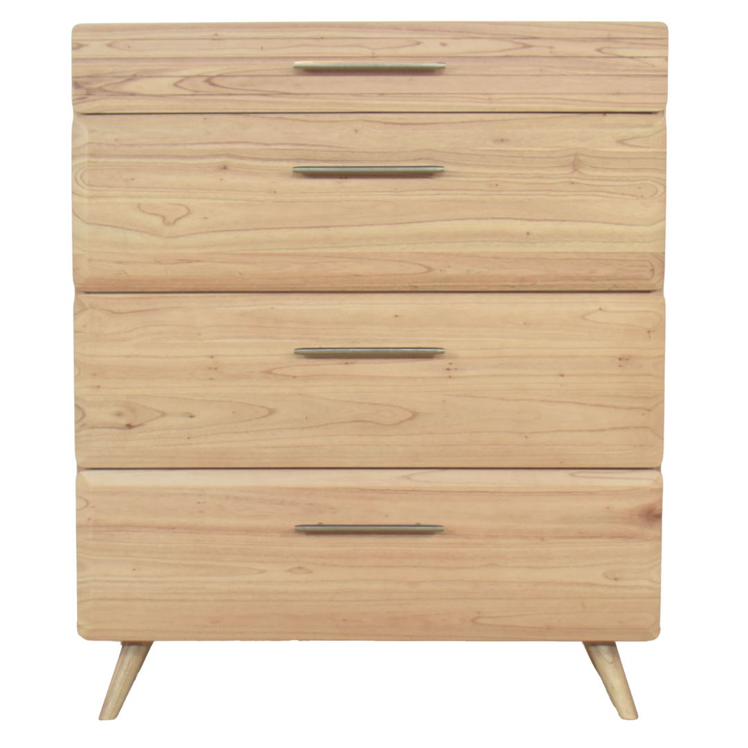 Front View Light Oak – 4-drawer tallboy chest with metal handles in natural light oak finish