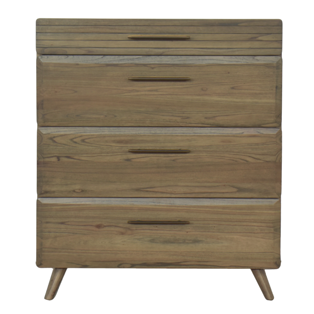 Front View Motala – 4-drawer tallboy with mid-century tapered legs in rich Motala wood tone