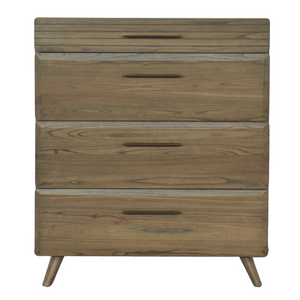 Front View Motala – 4-drawer tallboy with mid-century tapered legs in rich Motala wood tone