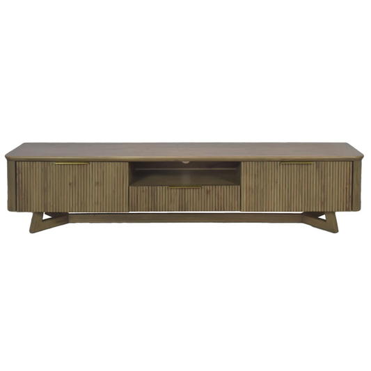 Focused shot of ribbed texture, drawers and open shelf in Motala tone